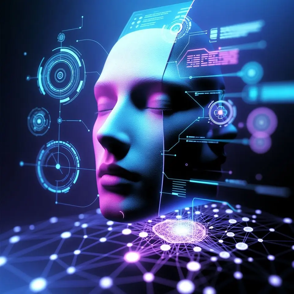 Ilustrasi teknologi face swap deepfake dengan visualisasi jaringan saraf buatan